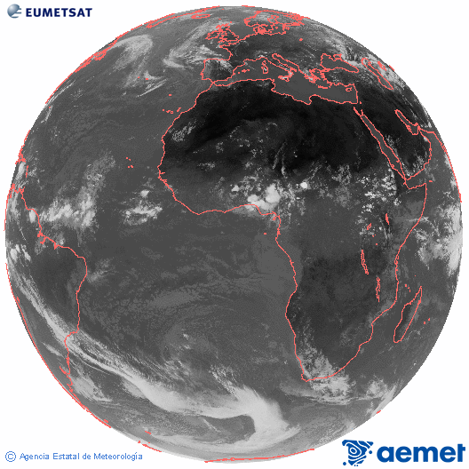 Imagen global del canal infrarrojo (10.8 &mu;m) del sat�lite Meteosat, perteneciente a la serie MSG (Meteosat Segunda Generaci�n) y situado en 0�N 0�E.&nbsp;jueves, 25 junio 2026 a las 14:00