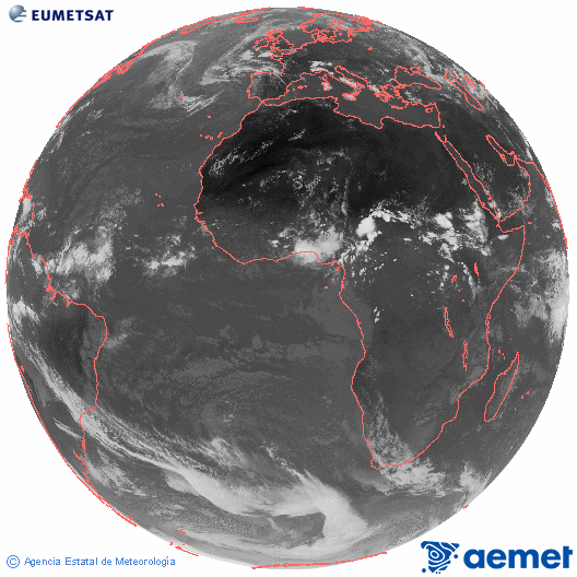 Imagen global del canal infrarrojo (10.8 &mu;m) del sat�lite Meteosat, perteneciente a la serie MSG (Meteosat Segunda Generaci�n) y situado en 0�N 0�E.&nbsp;jueves, 25 junio 2026 a las 17:00