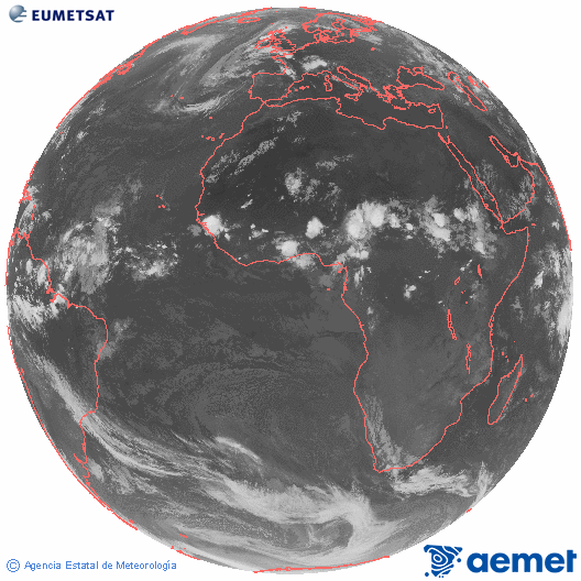 Imagen global del canal infrarrojo (10.8 &mu;m) del sat�lite Meteosat, perteneciente a la serie MSG (Meteosat Segunda Generaci�n) y situado en 0�N 0�E.&nbsp;jueves, 25 junio 2026 a las 23:00
