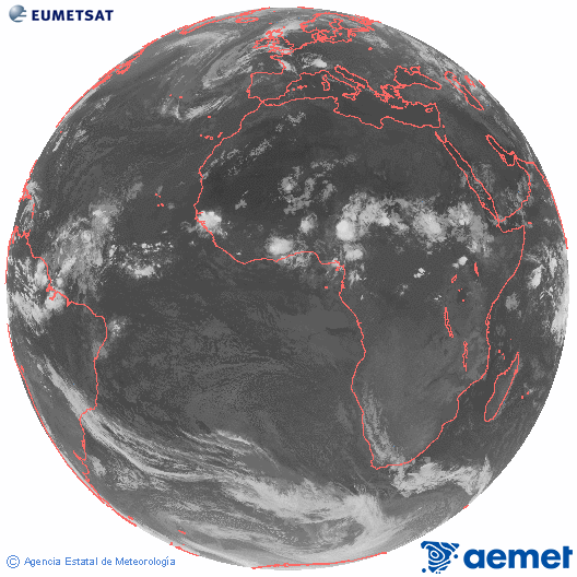 Imagen global del canal infrarrojo (10.8 &mu;m) del sat�lite Meteosat, perteneciente a la serie MSG (Meteosat Segunda Generaci�n) y situado en 0�N 0�E.&nbsp;viernes, 26 junio 2026 a las 02:00