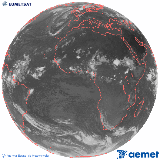 Imatge global del canal infraroig (10.8  &mu;m) del sat�l�lit Meteosat, pertanyent a la s�rie MSG (Meteosat Segona Generaci�) i situat en 0�N 0�E.&nbsp;divendres, 26 de juny  2026 08:00