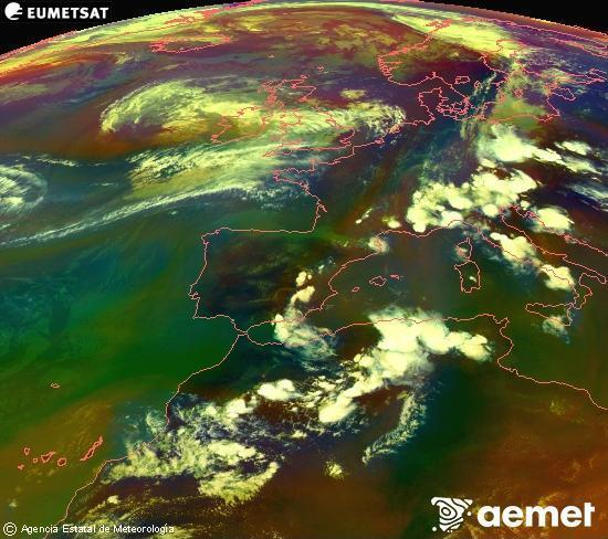 RGB composition where several channels of satellite Meteosat operational in 0� N 0� W are mixed, providing air mass and cloudiness features.&nbsp;Monday, 29 June  2026 19:00