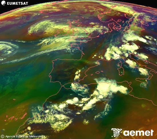 RGB composition where several channels of satellite Meteosat operational in 0� N 0� W are mixed, providing air mass and cloudiness features.&nbsp;Monday, 29 June  2026 20:00