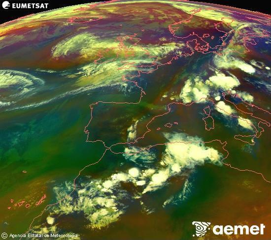 RGB composition where several channels of satellite Meteosat operational in 0� N 0� W are mixed, providing air mass and cloudiness features.&nbsp;Monday, 29 June  2026 21:00