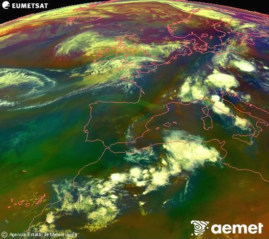 RGB composition where several channels of satellite Meteosat operational in 0� N 0� W are mixed, providing air mass and cloudiness features.&nbsp;Monday, 29 June  2026 22:00