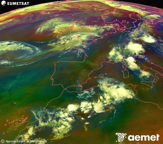 RGB composition where several channels of satellite Meteosat operational in 0� N 0� W are mixed, providing air mass and cloudiness features.&nbsp;Monday, 29 June  2026 23:00