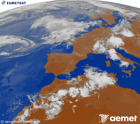 Imagen de la zona de Europa y Norte de �frica del canal infrarrojo del sat�lite Meteosat operacional en 0�N 0�W, procesada para darle color.&nbsp;Monday, 29 June  2026 23:00