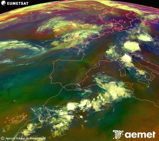 RGB composition where several channels of satellite Meteosat operational in 0� N 0� W are mixed, providing air mass and cloudiness features.&nbsp;Tuesday, 30 June  2026 00:00