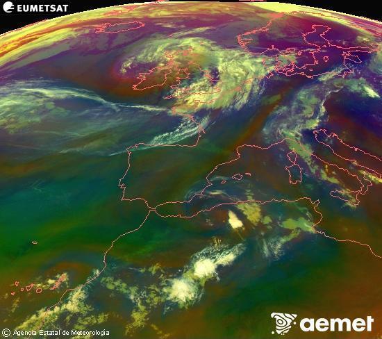 RGB composition where several channels of satellite Meteosat operational in 0� N 0� W are mixed, providing air mass and cloudiness features.&nbsp;Tuesday, 30 June  2026 08:00