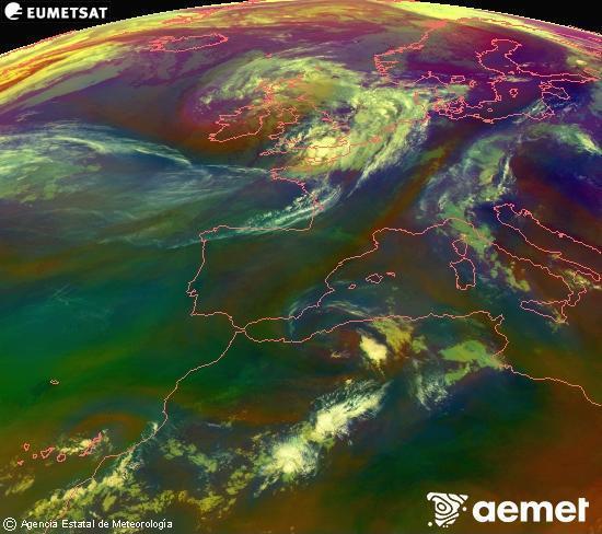 RGB composition where several channels of satellite Meteosat operational in 0� N 0� W are mixed, providing air mass and cloudiness features.&nbsp;Tuesday, 30 June  2026 09:00