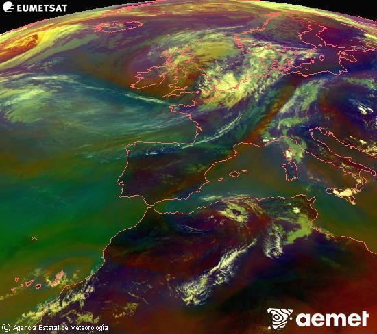 RGB composition where several channels of satellite Meteosat operational in 0� N 0� W are mixed, providing air mass and cloudiness features.&nbsp;Tuesday, 30 June  2026 13:00