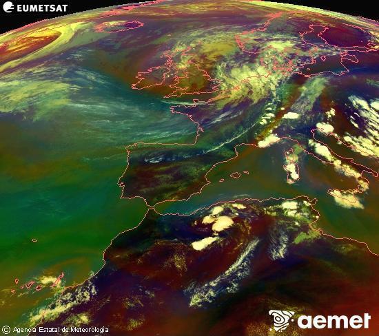 RGB composition where several channels of satellite Meteosat operational in 0� N 0� W are mixed, providing air mass and cloudiness features.&nbsp;Tuesday, 30 June  2026 16:00