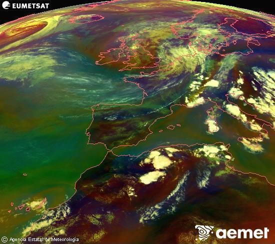 RGB composition where several channels of satellite Meteosat operational in 0� N 0� W are mixed, providing air mass and cloudiness features.&nbsp;Tuesday, 30 June  2026 17:00