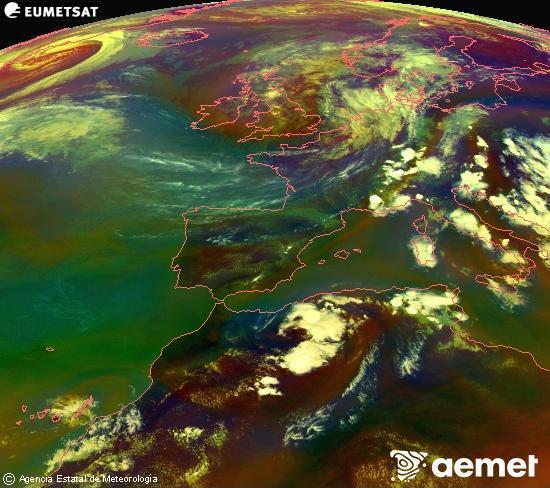 RGB composition where several channels of satellite Meteosat operational in 0� N 0� W are mixed, providing air mass and cloudiness features.&nbsp;Tuesday, 30 June  2026 18:00