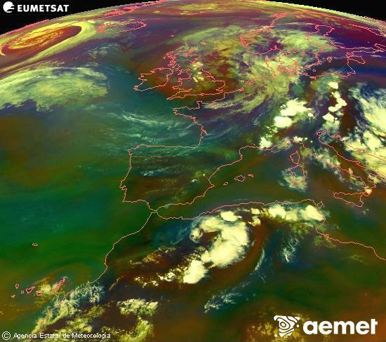 RGB-a Meteosat eragiketa-sateliteko hainbat kanal 0�W-a 0�N-ean, aire-masen eta hodeitzaren ezaugarrien erakusgarri izango dena.&nbsp;asteartea, 2026ko ekainak 30, ordua: 20:00