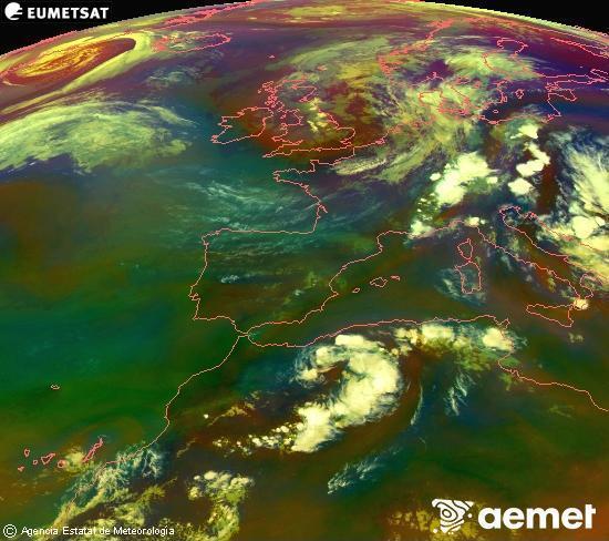 Composici� RGB en la qual es barregen diversos canals del sat�l�lit Meteosat operacional en 0�N 0�W, que ens d�na una idea de les caracter�stiques de les masses d'aire i de la nuvolositat.&nbsp;dimarts, 30 de juny  2026 21:00