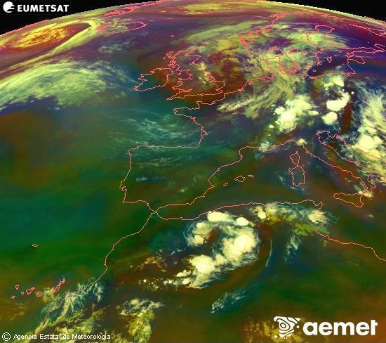 Composici� RGB en la qual es barregen diversos canals del sat�l�lit Meteosat operacional en 0�N 0�W, que ens d�na una idea de les caracter�stiques de les masses d'aire i de la nuvolositat.&nbsp;dimarts, 30 de juny  2026 22:00