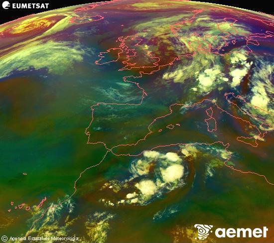Composition RGB dans laquelle se m�langent diff�rents canaux du satellite Meteosat operational in 0�N 0�W, l'informaci�n des caract�ristiques sur les masses d'air et les nuages.&nbsp;mardi, 30 juin  2026 23:00