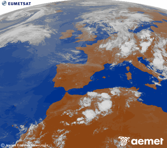 Imatge de la zona d'Europa i Nord d'�frica del canal infraroig del sat�l�lit Meteosat operacional en 0�N 0�W, processada per a donar-li color.&nbsp;dimarts, 30 de juny  2026 23:00