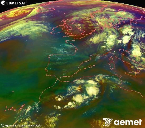 Composition RGB dans laquelle se m�langent diff�rents canaux du satellite Meteosat operational in 0�N 0�W, l'informaci�n des caract�ristiques sur les masses d'air et les nuages.&nbsp;mercredi, 1 juillet  2026 00:00