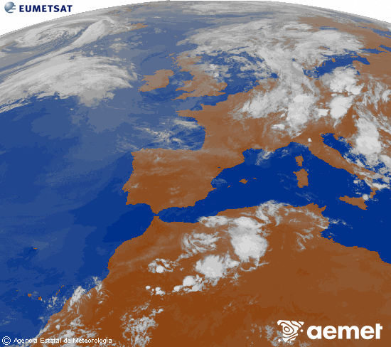 Imatge de la zona d'Europa i Nord d'�frica del canal infraroig del sat�l�lit Meteosat operacional en 0�N 0�W, processada per a donar-li color.&nbsp;dimecres, 1 de juliol  2026 00:00
