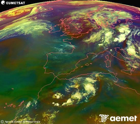 Composition RGB dans laquelle se m�langent diff�rents canaux du satellite Meteosat operational in 0�N 0�W, l'informaci�n des caract�ristiques sur les masses d'air et les nuages.&nbsp;mercredi, 1 juillet  2026 01:00