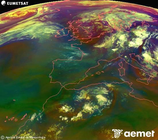 Composition RGB dans laquelle se m�langent diff�rents canaux du satellite Meteosat operational in 0�N 0�W, l'informaci�n des caract�ristiques sur les masses d'air et les nuages.&nbsp;mercredi, 1 juillet  2026 02:00