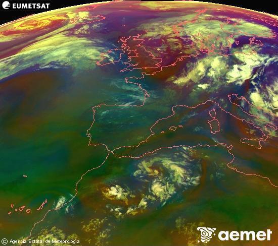 Composition RGB dans laquelle se m�langent diff�rents canaux du satellite Meteosat operational in 0�N 0�W, l'informaci�n des caract�ristiques sur les masses d'air et les nuages.&nbsp;mercredi, 1 juillet  2026 03:00