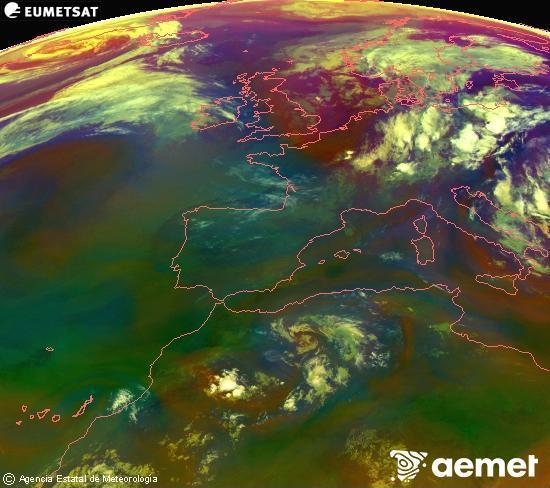 Composition RGB dans laquelle se m�langent diff�rents canaux du satellite Meteosat operational in 0�N 0�W, l'informaci�n des caract�ristiques sur les masses d'air et les nuages.&nbsp;mercredi, 1 juillet  2026 04:00