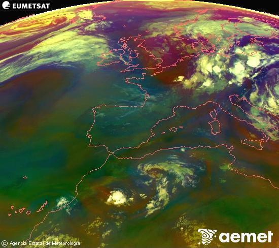 Composition RGB dans laquelle se m�langent diff�rents canaux du satellite Meteosat operational in 0�N 0�W, l'informaci�n des caract�ristiques sur les masses d'air et les nuages.&nbsp;mercredi, 1 juillet  2026 05:00