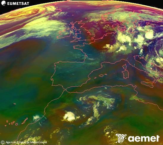 Composition RGB dans laquelle se m�langent diff�rents canaux du satellite Meteosat operational in 0�N 0�W, l'informaci�n des caract�ristiques sur les masses d'air et les nuages.&nbsp;mercredi, 1 juillet  2026 06:00