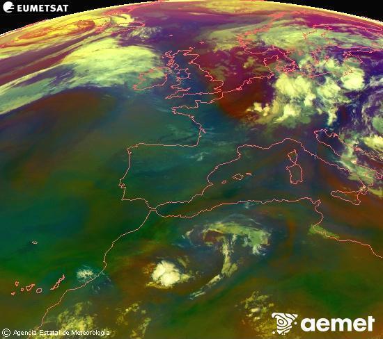 Composition RGB dans laquelle se m�langent diff�rents canaux du satellite Meteosat operational in 0�N 0�W, l'informaci�n des caract�ristiques sur les masses d'air et les nuages.&nbsp;mercredi, 1 juillet  2026 07:00