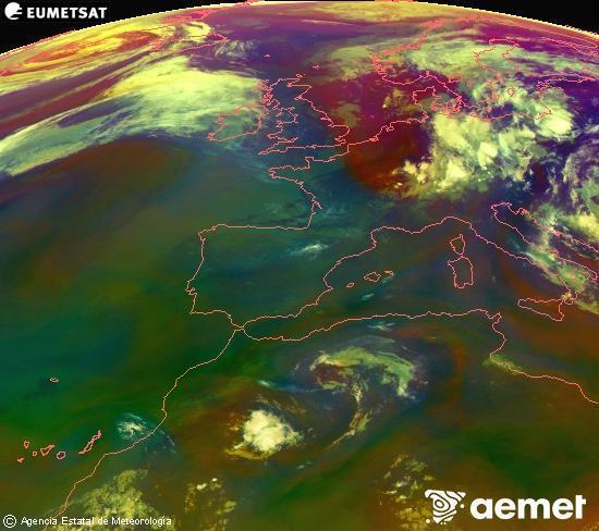 Composition RGB dans laquelle se m�langent diff�rents canaux du satellite Meteosat operational in 0�N 0�W, l'informaci�n des caract�ristiques sur les masses d'air et les nuages.&nbsp;mercredi, 1 juillet  2026 08:00