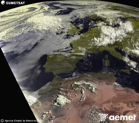 Esta imaxe x�rase utilizando informaci�n das canles visibles do sat�lite METEOSAT pertencente � segunda xeraci�n de sat�lites  Meteosat (MSX). Por ese motivo, s� hai informaci�n na zona iluminada polo sol. Ademais, as canles foron normalizadas para que o brillo non dependa da posici�n do sol.&nbsp;m�rcores, 1 xullo  2026 08:00