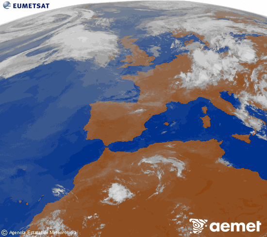 Imagen de la zona de Europa y Norte de �frica del canal infrarrojo del sat�lite Meteosat operacional en 0�N 0�W, procesada para darle color.&nbsp;mercredi, 1 juillet  2026 08:00