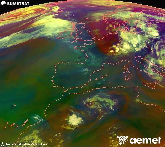 Composition RGB dans laquelle se m�langent diff�rents canaux du satellite Meteosat operational in 0�N 0�W, l'informaci�n des caract�ristiques sur les masses d'air et les nuages.&nbsp;mercredi, 1 juillet  2026 09:00