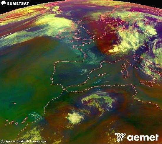 Composition RGB dans laquelle se m�langent diff�rents canaux du satellite Meteosat operational in 0�N 0�W, l'informaci�n des caract�ristiques sur les masses d'air et les nuages.&nbsp;mercredi, 1 juillet  2026 10:00