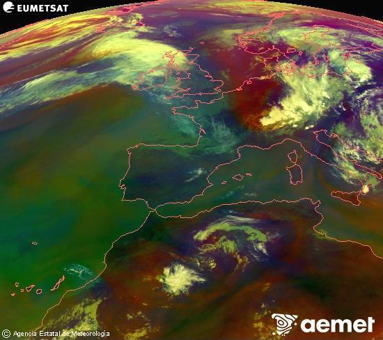 Composition RGB dans laquelle se m�langent diff�rents canaux du satellite Meteosat operational in 0�N 0�W, l'informaci�n des caract�ristiques sur les masses d'air et les nuages.&nbsp;mercredi, 1 juillet  2026 11:00