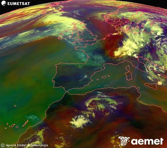 Composition RGB dans laquelle se m�langent diff�rents canaux du satellite Meteosat operational in 0�N 0�W, l'informaci�n des caract�ristiques sur les masses d'air et les nuages.&nbsp;mercredi, 1 juillet  2026 12:00