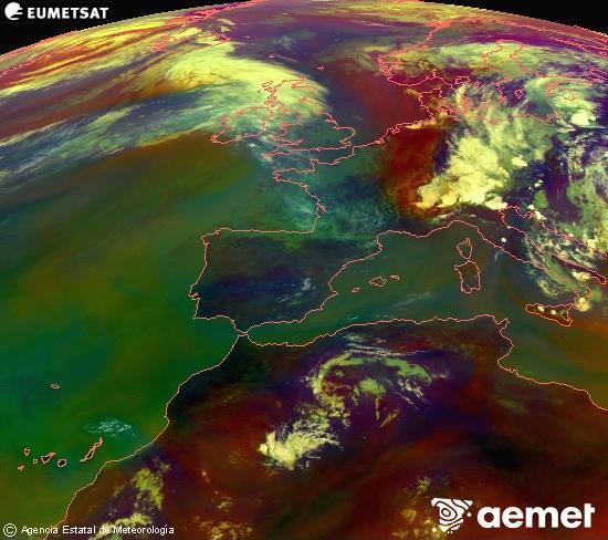 Composition RGB dans laquelle se m�langent diff�rents canaux du satellite Meteosat operational in 0�N 0�W, l'informaci�n des caract�ristiques sur les masses d'air et les nuages.&nbsp;mercredi, 1 juillet  2026 13:00