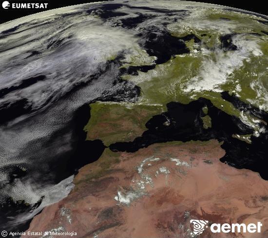 Esta imaxe x�rase utilizando informaci�n das canles visibles do sat�lite METEOSAT pertencente � segunda xeraci�n de sat�lites  Meteosat (MSX). Por ese motivo, s� hai informaci�n na zona iluminada polo sol. Ademais, as canles foron normalizadas para que o brillo non dependa da posici�n do sol.&nbsp;m�rcores, 1 xullo  2026 13:00