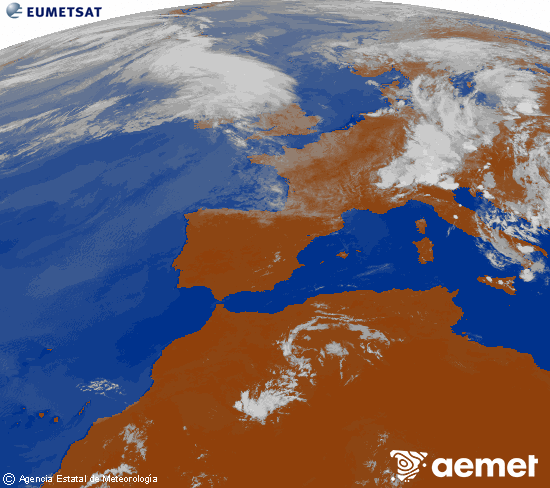 Imagen de la zona de Europa y Norte de �frica del canal infrarrojo del sat�lite Meteosat operacional en 0�N 0�W, procesada para darle color.&nbsp;mercredi, 1 juillet  2026 13:00