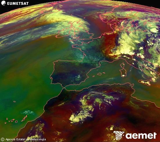 Composition RGB dans laquelle se m�langent diff�rents canaux du satellite Meteosat operational in 0�N 0�W, l'informaci�n des caract�ristiques sur les masses d'air et les nuages.&nbsp;mercredi, 1 juillet  2026 14:00