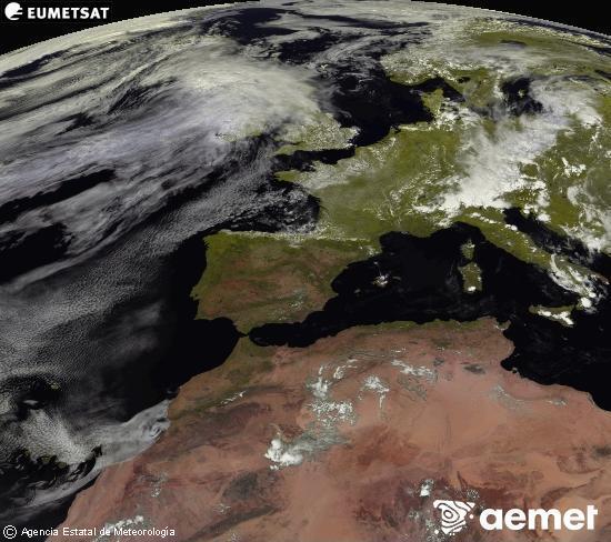 Esta imaxe x�rase utilizando informaci�n das canles visibles do sat�lite METEOSAT pertencente � segunda xeraci�n de sat�lites  Meteosat (MSX). Por ese motivo, s� hai informaci�n na zona iluminada polo sol. Ademais, as canles foron normalizadas para que o brillo non dependa da posici�n do sol.&nbsp;m�rcores, 1 xullo  2026 14:00