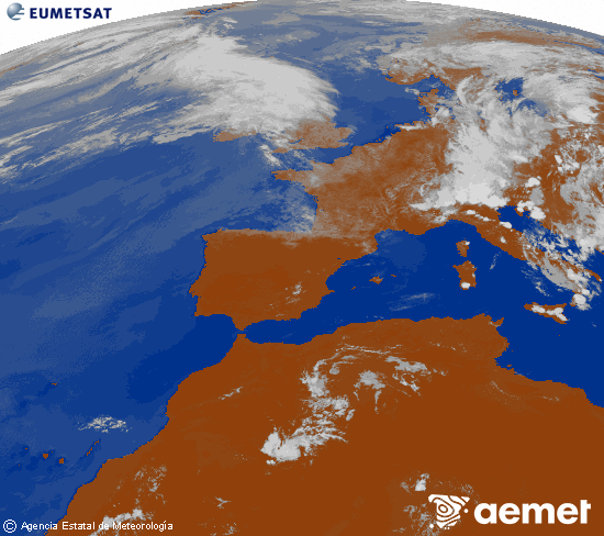 Imagen de la zona de Europa y Norte de �frica del canal infrarrojo del sat�lite Meteosat operacional en 0�N 0�W, procesada para darle color.&nbsp;mercredi, 1 juillet  2026 14:00