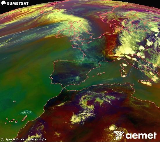 Composici�n RGB en la que se mezclan varios canales del sat�lite Meteosat operacional en 0�N 0�W, que nos da una idea de las caracter�sticas de las masas de aire y de la nubosidad.&nbsp;mi�rcoles, 01 julio 2026 a las 15:00