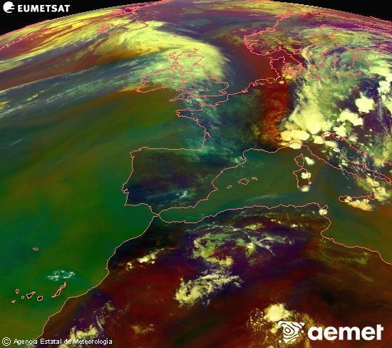 Composici�n RGB en la que se mezclan varios canales del sat�lite Meteosat operacional en 0�N 0�W, que nos da una idea de las caracter�sticas de las masas de aire y de la nubosidad.&nbsp;mi�rcoles, 01 julio 2026 a las 16:00