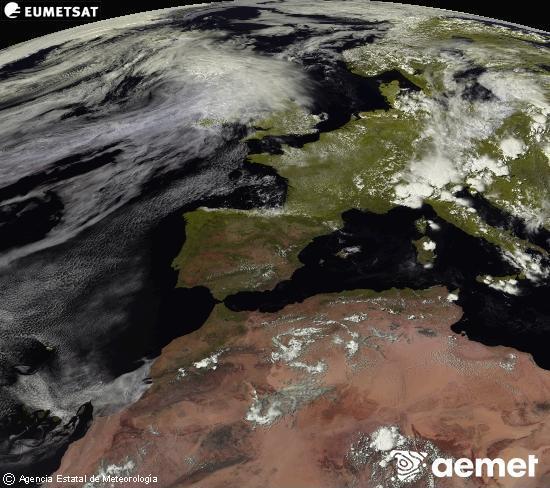 Esta imaxe x�rase utilizando informaci�n das canles visibles do sat�lite METEOSAT pertencente � segunda xeraci�n de sat�lites  Meteosat (MSX). Por ese motivo, s� hai informaci�n na zona iluminada polo sol. Ademais, as canles foron normalizadas para que o brillo non dependa da posici�n do sol.&nbsp;m�rcores, 1 xullo  2026 16:00