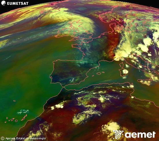Composici�n RGB en la que se mezclan varios canales del sat�lite Meteosat operacional en 0�N 0�W, que nos da una idea de las caracter�sticas de las masas de aire y de la nubosidad.&nbsp;mi�rcoles, 01 julio 2026 a las 17:00