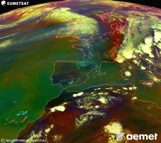 Composici�n RGB en la que se mezclan varios canales del sat�lite Meteosat operacional en 0�N 0�W, que nos da una idea de las caracter�sticas de las masas de aire y de la nubosidad.&nbsp;mi�rcoles, 01 julio 2026 a las 18:00